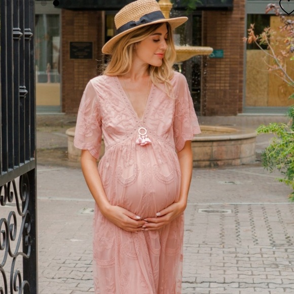PinkBlush Lace Mesh Plus Maternity Maxi Dress 1X - Picture 9 of 13